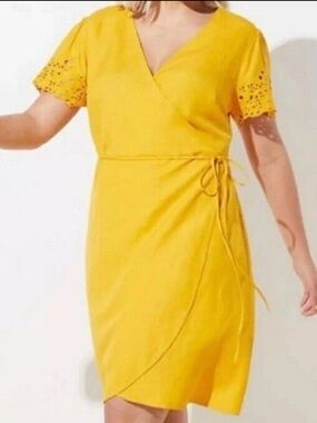 Loft Wrap Dress with Eyelet Sleeve Detail in Mustard Yellow SZ 20